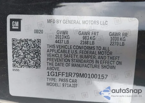 2021 Chevrolet Camaro Rwd Lt1 из США, поврежденный, VIN 1G1FF1R79M0100157